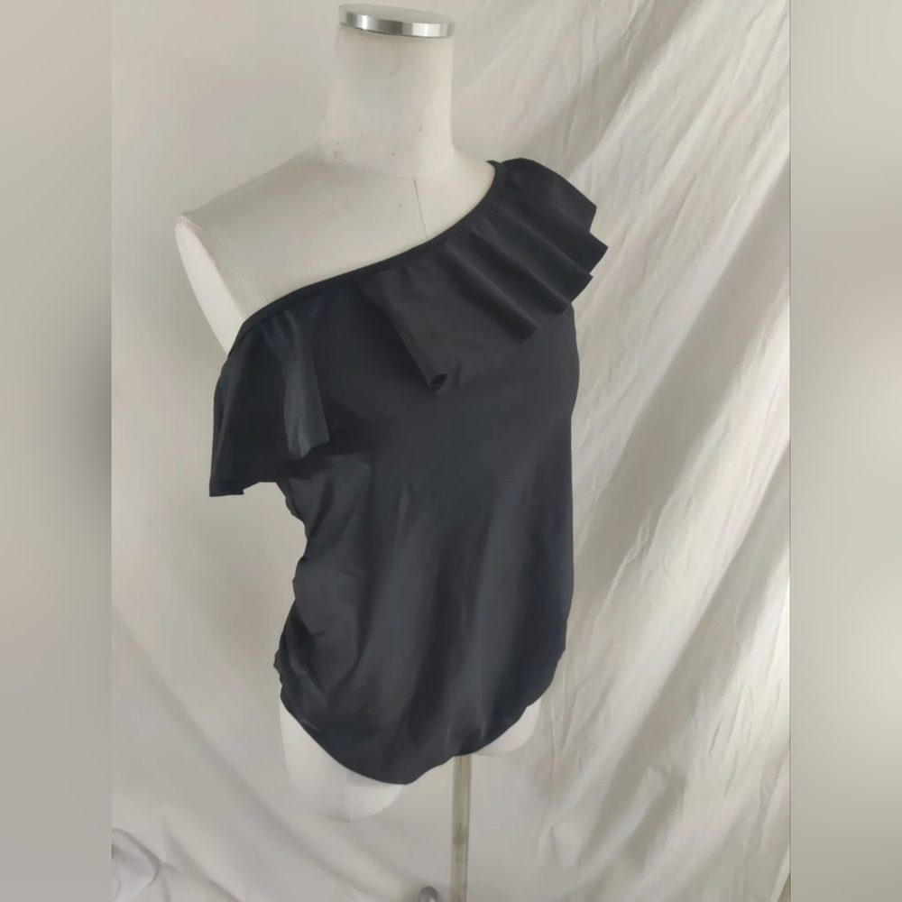 Motherhood Maternity Asymmetrical Size Large Ruffle One-Piece UPF 50+ Swimsuit